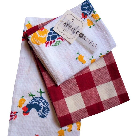 April Cornell 3 Pc. Cotton Kitchen Tea Towel Set Red White Roosters Chick Checks - Picture 1 of 4